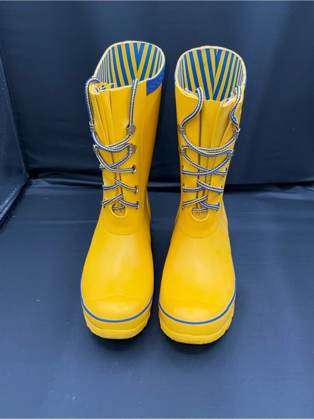 Hunter Kids Festival Lace Up Rain Boots Yellow Blue Stripe Size 4 Waterproof